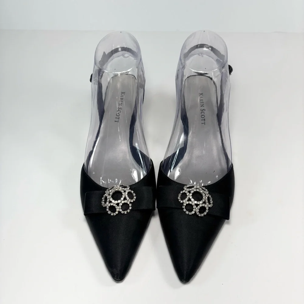 Karen Scott Pointed Toe Black Satin Sling back Kitten Heels‎ Bow Rhinestones 7.5